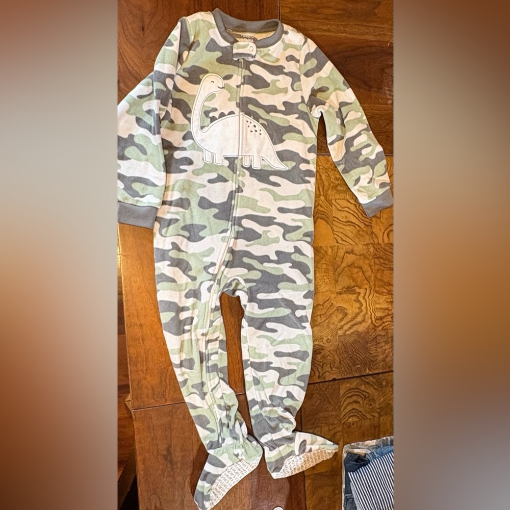 Carters Gray and Green Dinosaur Print Footie Pajamas - Picture 2 of 4